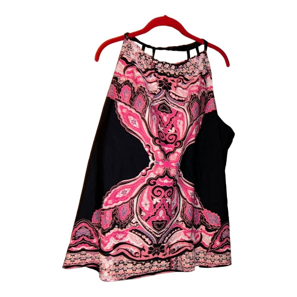 SWIM BY CACIQUE TANKINI SWIM TOP pink black size 24 built in bra Paisley print